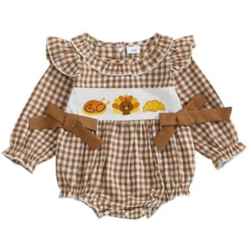 Baby Girls Thanksgiving Turkey Pumpkin Gingham Ruffle Romper 0-3M Fall Outfit